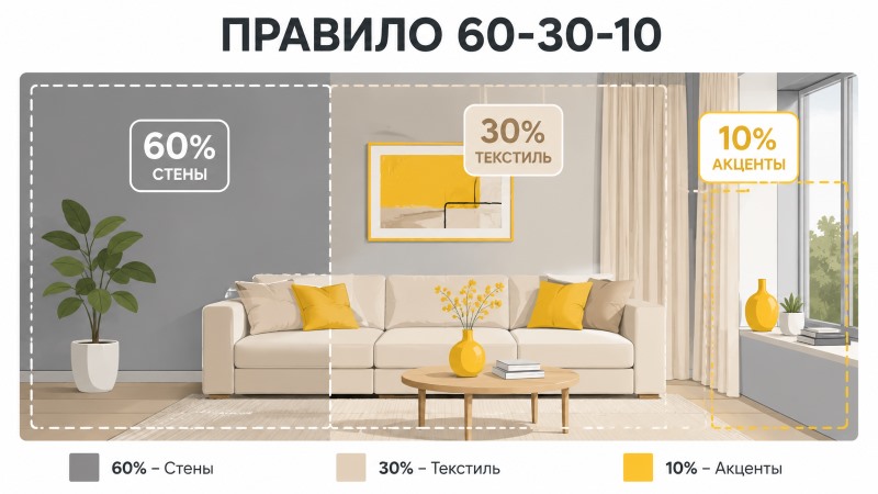 Правило 60-30-10 в интерьере: серые стены, текстиль и желтые акценты