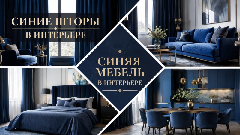 Синие шторы и мебель в интерьере