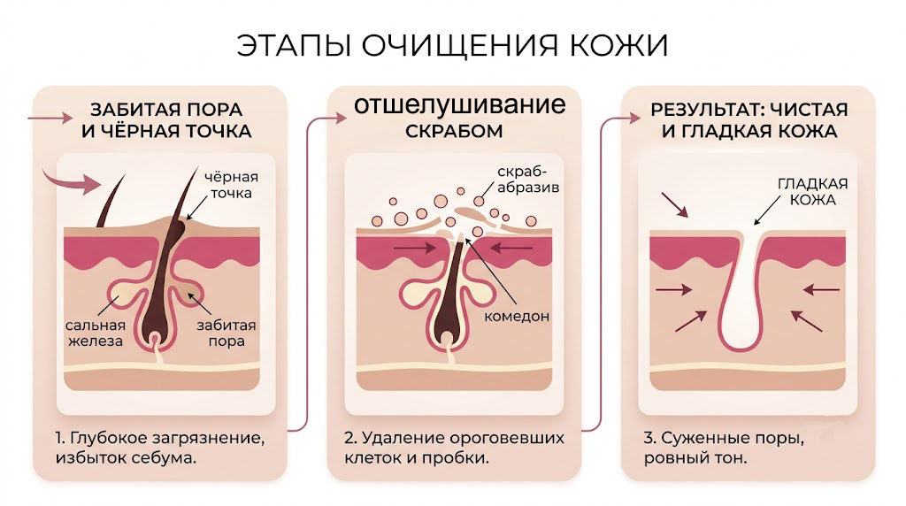 Схема этапов очищения кожи: забитые поры и чёрные точки, отшелушивание скрабом, результат - чистая и гладкая кожа