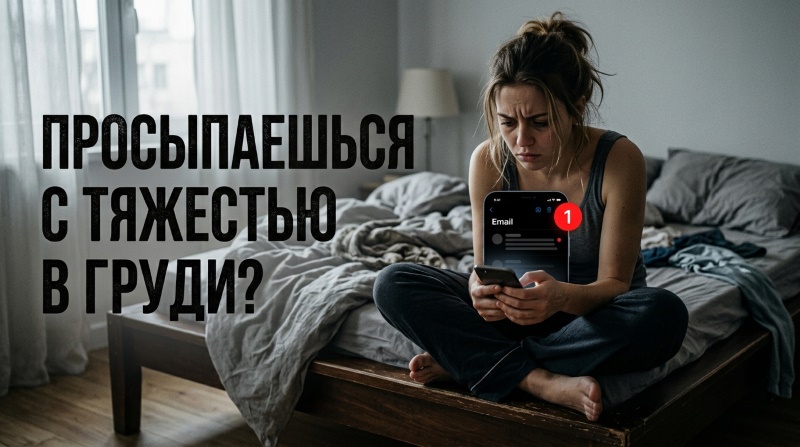 Женщина сидит на кровати и смотрит на телефон с уведомлением о письме.