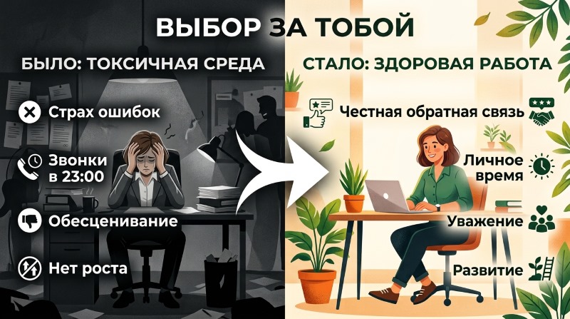 Сравнение токсичной и здоровой работы: слева — стресс, звонки ночью, обесценивание; справа — уважение, личное время, развитие.