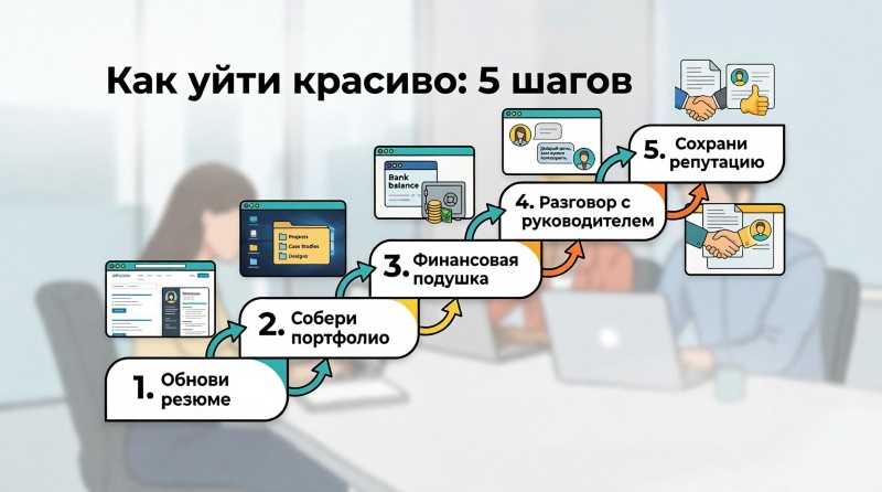 5 шагов, как уйти красиво: обнови резюме, собери портфолио, финансовая подушка, разговор с руководителем, сохрани репутацию.