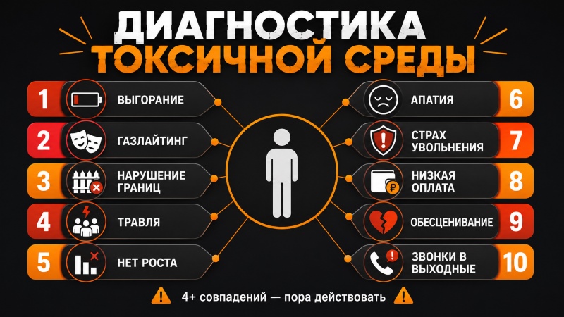 Диагностика токсичной среды: выгорание, газлайтинг, нарушение границ, травля, нет роста, апатия, страх увольнения, низкая з/п, обесценивание, звонки в выходные