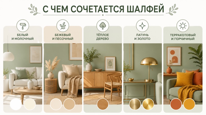 Инфографика: с чем сочетается шалфей в интерьере, 5 цветовых палитр