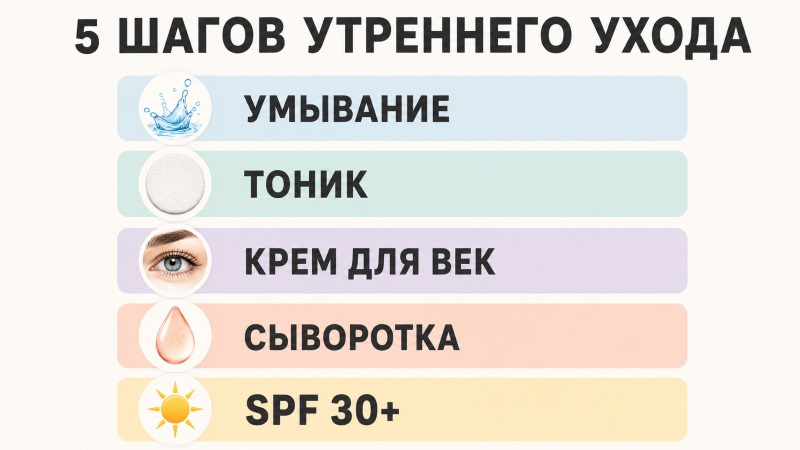 5 шагов утреннего ухода за кожей: умывание, тоник, крем, сыворотка, SPF 30+
