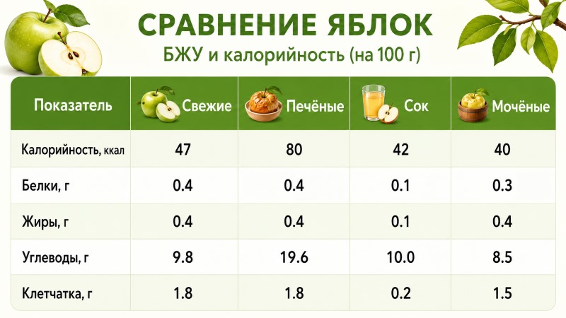 Таблица сравнения БЖУ и калорийности яблок в разных видах