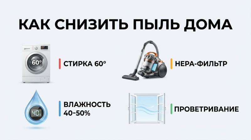 Способы снизить пыль дома: стирка 60°, HEPA-фильтр, влажность, проветривание
