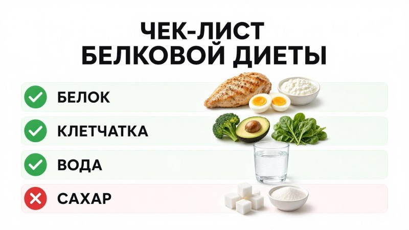 Чек-лист белковой диеты: белок, клетчатка, вода и запрет на сахар