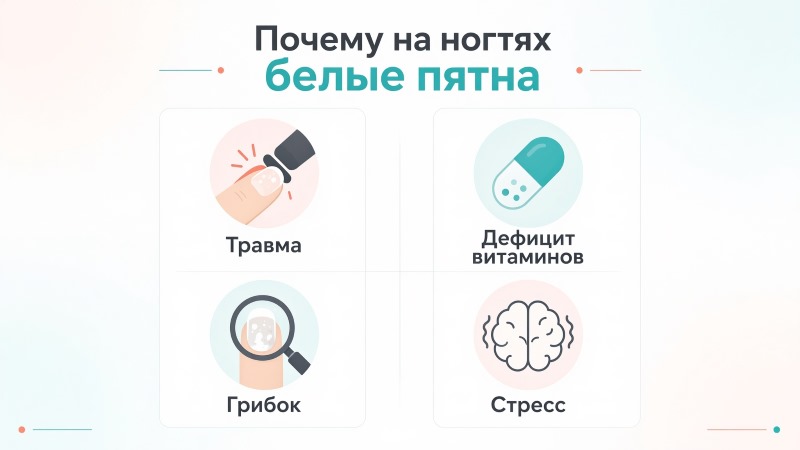 Причины белых пятен на ногтях: травма, грибок, стресс, дефицит витаминов