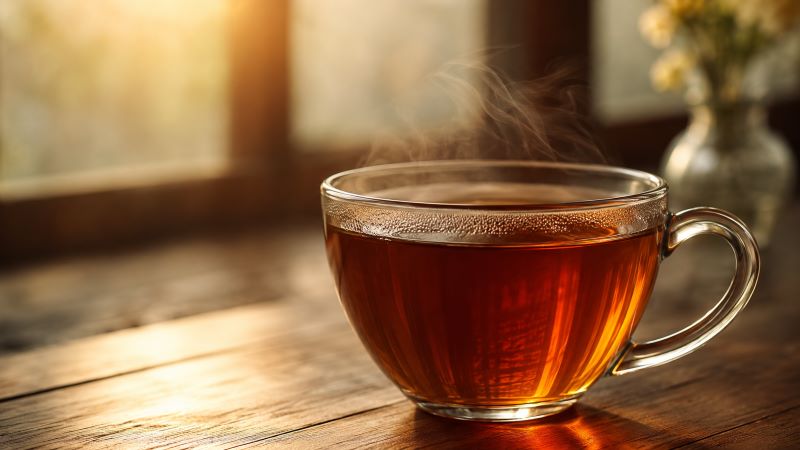 Чашка горячего чёрного чая с паром на деревянном столе