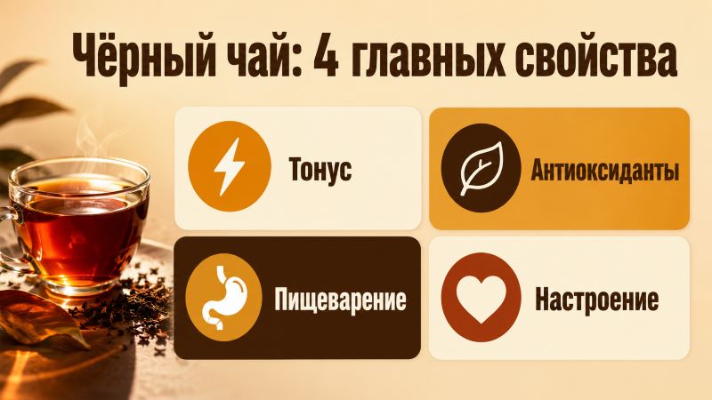 Чёрный чай: 4 главных свойства — тонус, антиоксиданты, пищеварение, настроение