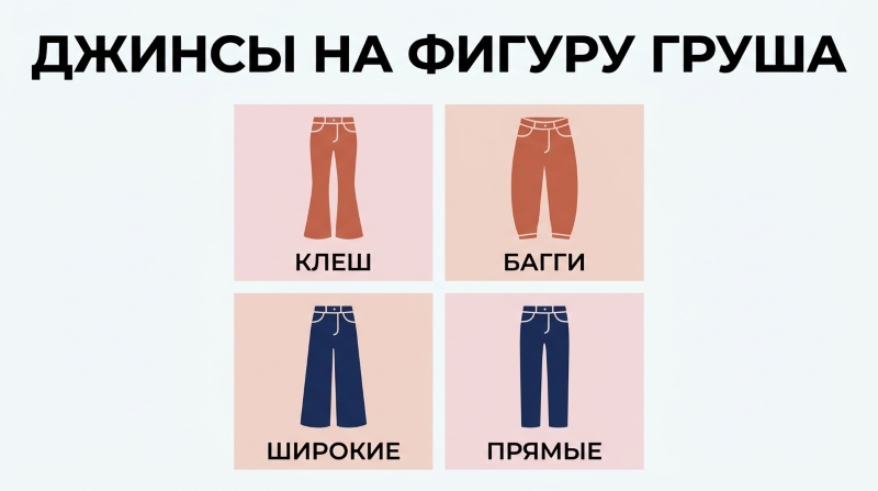 Схема фасонов джинсов для фигуры груша: клеш, багги, широкие, прямые