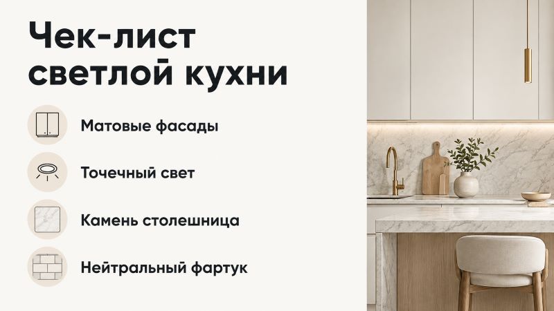 Чек-лист светлой кухни: фасады, свет, столешница, фартук