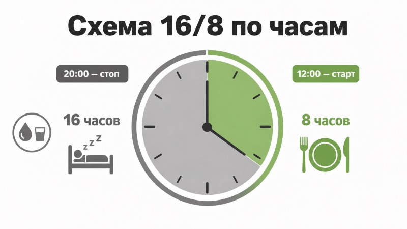 Схема интервального голодания 16/8 по часам: 16 часов поста, 8 часов питания