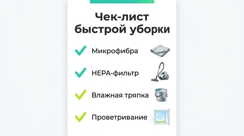 Чек-лист быстрой уборки: микрофибра, НЕРА-фильтр, влажная тряпка, проветривание