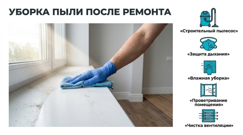 Уборка пыли после ремонта: тряпка, перчатки, пылесос, проветривание