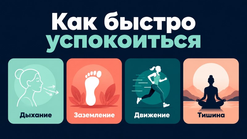 Инфографика: 4 быстрых способа успокоиться — дыхание, заземление, движение, тишина