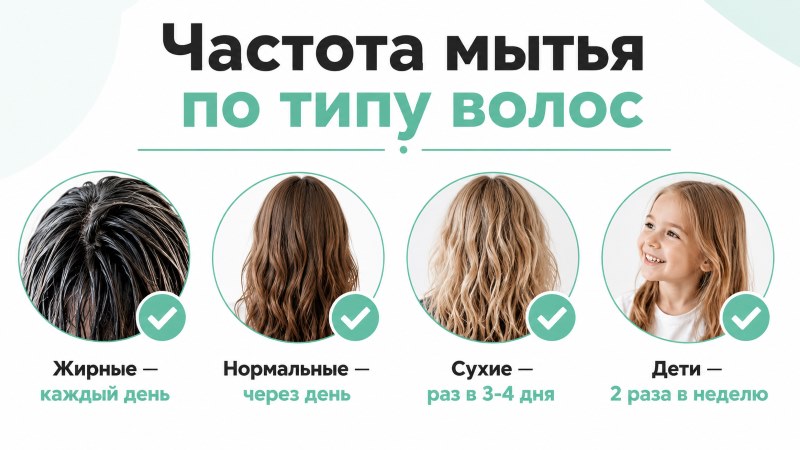 Частота мытья волос по типу: жирные, нормальные, сухие, дети