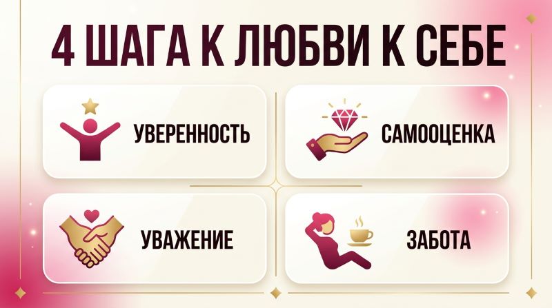 Инфографика: 4 шага к любви к себе — уверенность, самооценка, уважение, забота