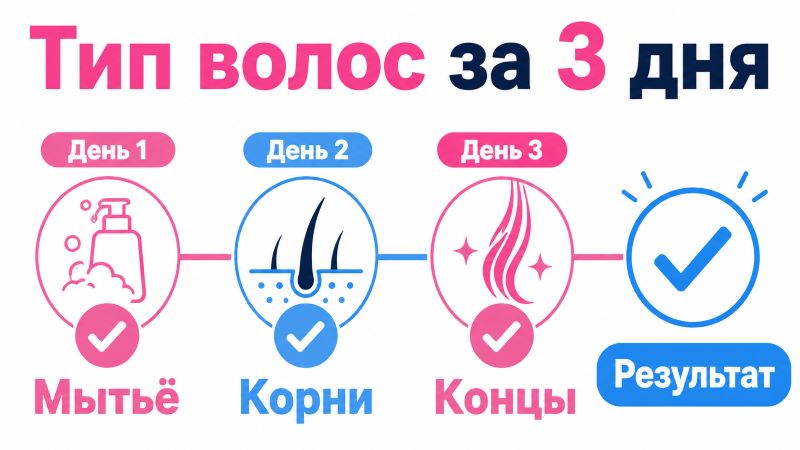 Схема определения типа волос за 3 дня: мытьё, корни, концы
