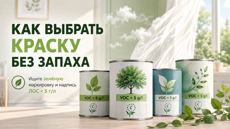 Банки с экологичной краской без запаха и надписью VOC < 5 г/л