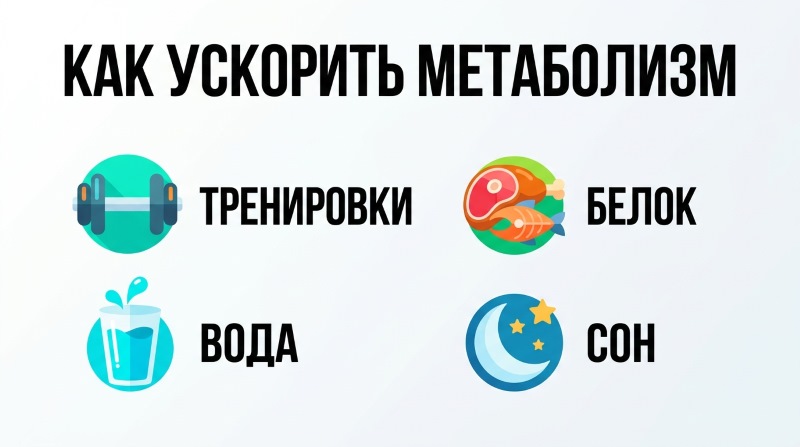 Как ускорить метаболизм: тренировки, белок, вода и сон — инфографика