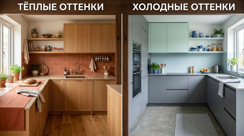 Сравнение теплых и холодных оттенков в интерьере кухни
