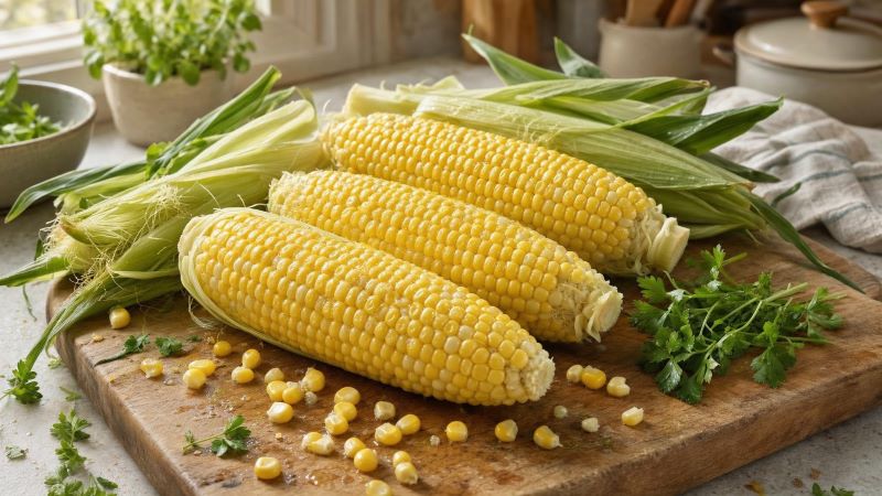 Свежая желтая кукуруза в початках на деревянной доске с зеленью