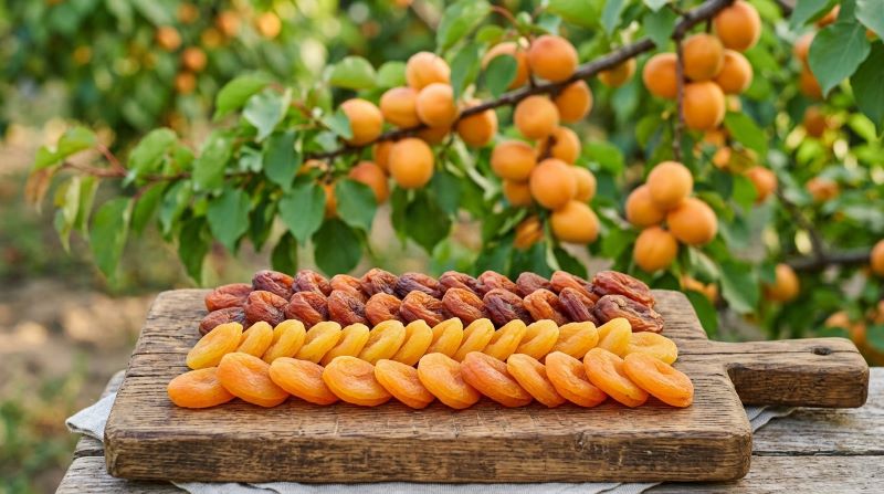Сушеная курага на деревянной доске на фоне абрикосовых деревьев