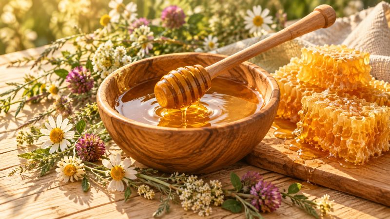Мёд в деревянной чаше с сотом и цветами