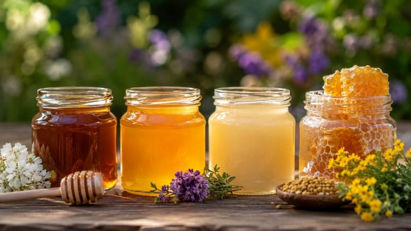 Разные сорта меда в банках: гречишный, цветочный, засахаренный и соты