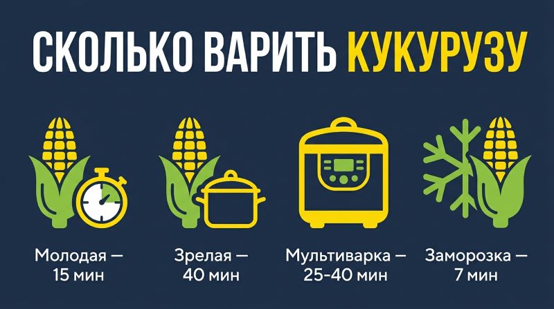 Инфографика: время варки кукурузы (молодая, зрелая, мультиварка, заморозка)
