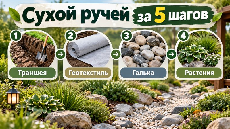 Инфографика: как сделать сухой ручей за 5 шагов — траншея, геотекстиль, галька, растения