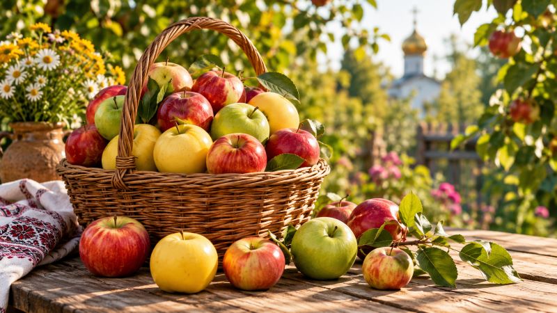 Корзина с яблоками на деревянном столе на Яблочный Спас