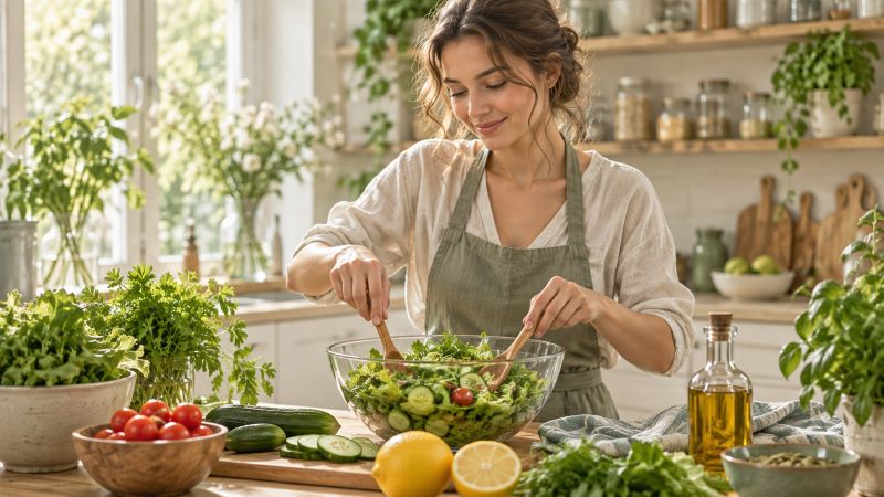 Женщина готовит свежий салат на кухне с овощами