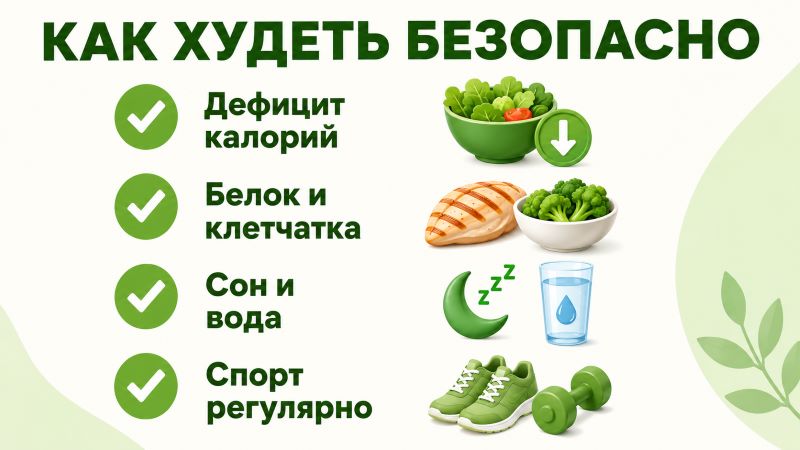 Как худеть безопасно: дефицит калорий, белок, сон, спорт
