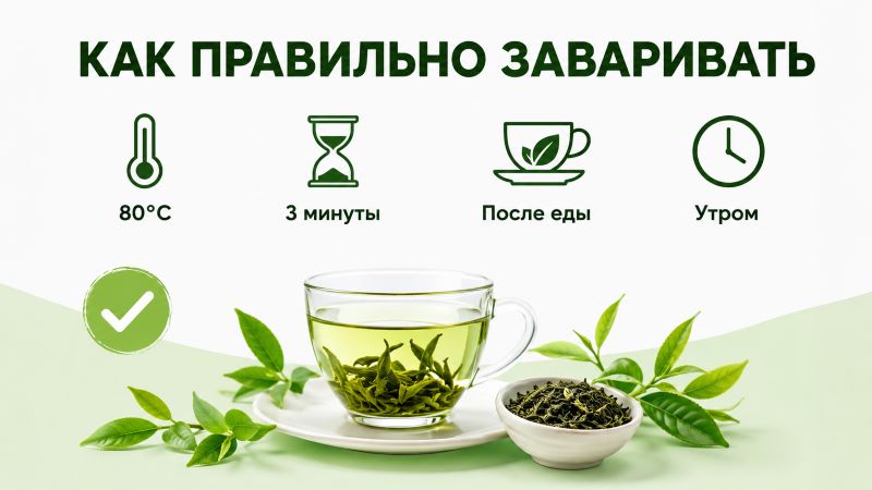 Как правильно заваривать зеленый чай: температура 80°C, 3 минуты, после еды, утром