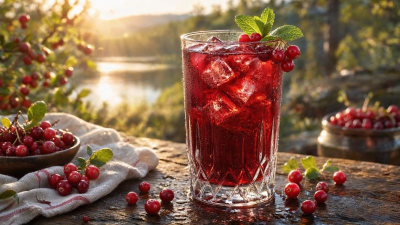 Брусничный морс со льдом и свежая брусника на столе
