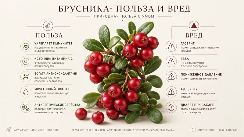 Брусника: польза и вред для здоровья, инфографика