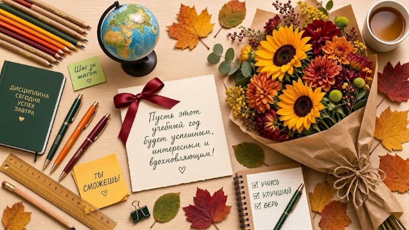 Букет цветов, глобус и канцелярия на столе — подарок учителю