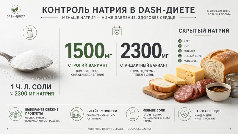Инфографика: контроль натрия в DASH-диете, нормы 1500 и 2300 мг