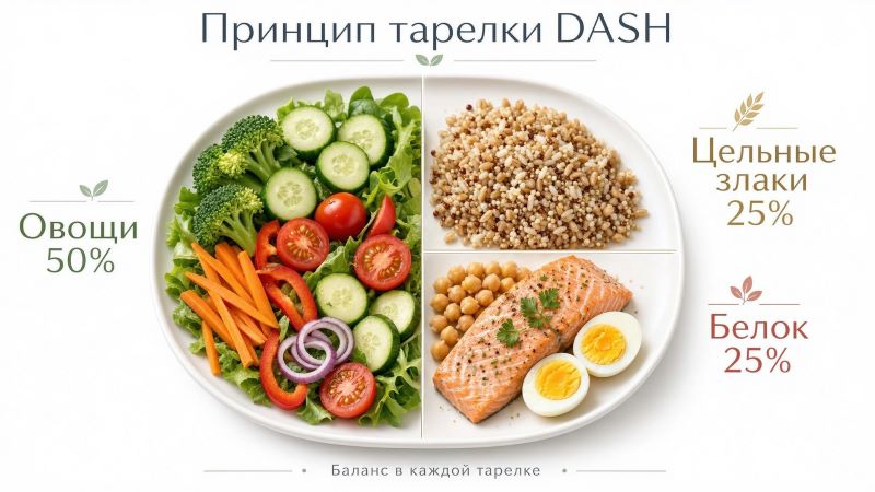 Принцип тарелки DASH: 50% овощи, 25% злаки, 25% белок