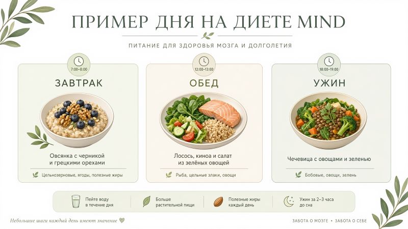 Меню на день для диеты MIND: завтрак, обед и ужин