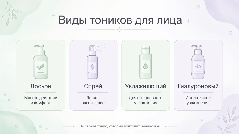 Инфографика: виды тоников для лица - лосьон, спрей, увлажняющий, гиалуроновый