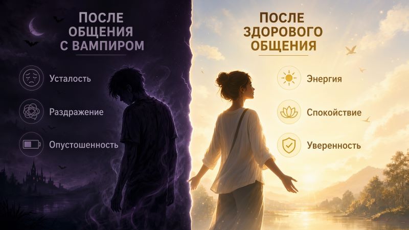 Сравнение: усталость и раздражение после вампира против энергии после здорового общения