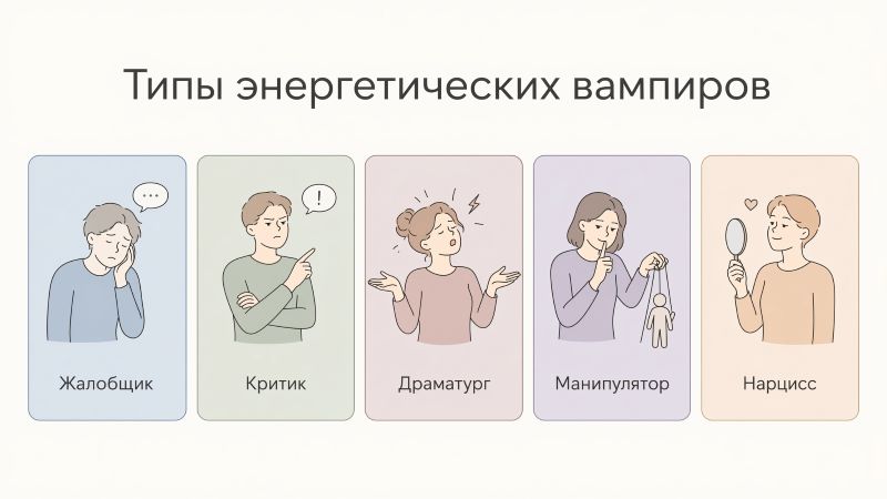 Инфографика: 5 типов энергетических вампиров — Жалобщик, Критик, Драматург, Манипулятор и Нарцисс