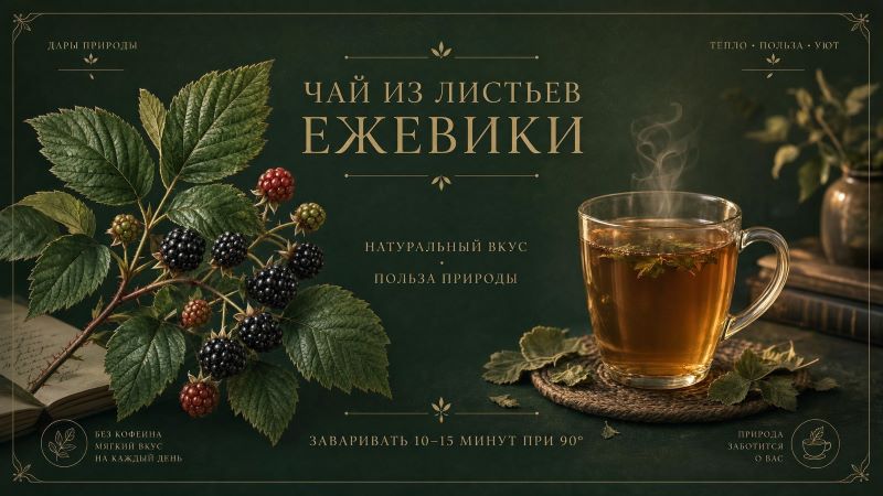 Чай из листьев ежевики и ветка с ягодами на темном фоне