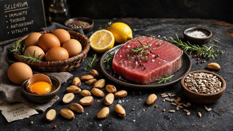 Продукты с селеном: яйца, мясо, семечки и лимон на столе