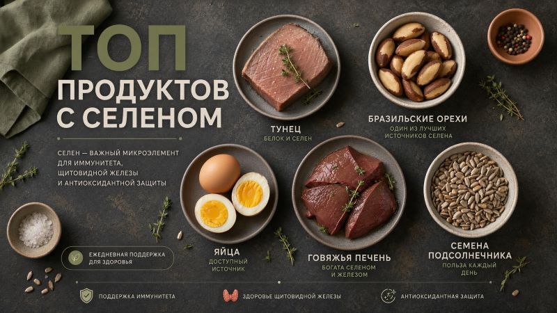 Топ продуктов с селеном: тунец, яйца, печень, орехи и семечки
