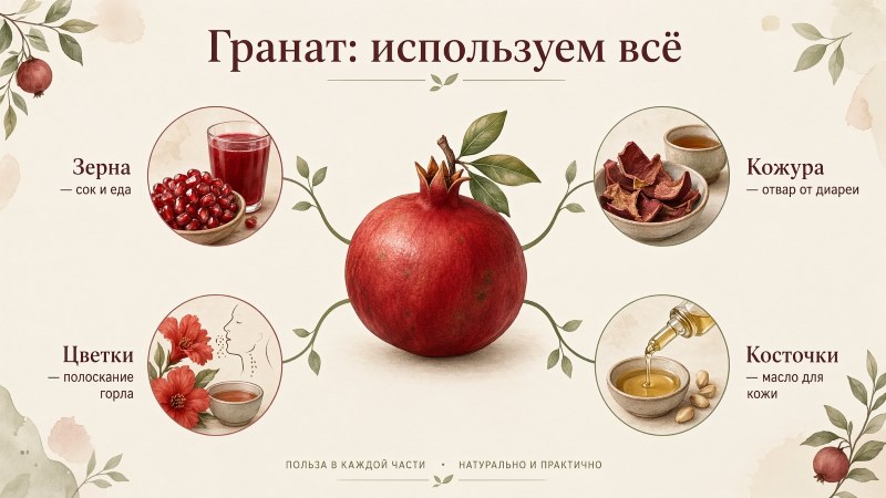 Инфографика: применение всех частей граната — зерна, кожура, цветки и косточки